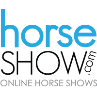 The horseshow.com logo. It says horse at the top in blue letters, then show below in black letters, then .com along the outside edge of the w in show. Below those words in grey lettering is online horse shows.
