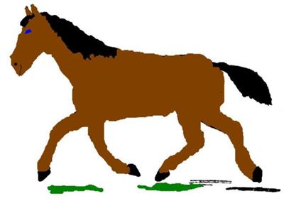A digital drawing of a bay horse trotting. The horse has a blue eye, a white stripe, and no leg markings. There is dirt and grass under the horse's hooves.