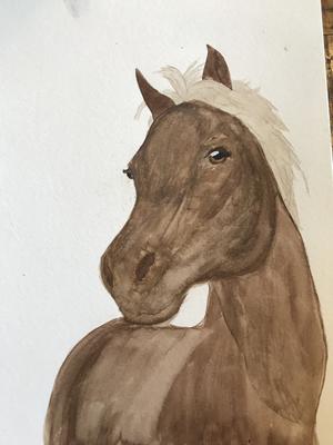 A watercolor drawing of a brown horse with a cream colored mane.