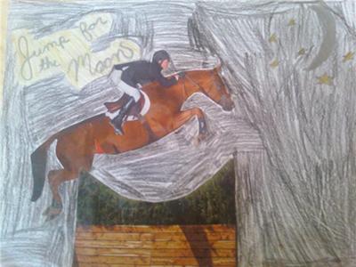A drawing of a chestnut horse jumping a wide jump with a wood base and shrubs on top. Rider and horse are dressed for a hunter competition. Background is grey and 'Jump For The Moon' is on the image.
