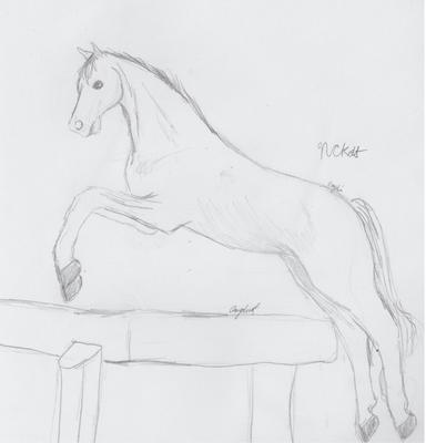 A pencil drawing of a horse jumping over a table style jump. The horse doesn't have a rider or any equipment on.