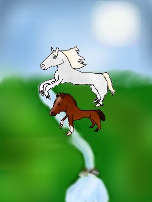 An animated looking drawing of two horses jumping over a creek in a field. One horse is white the other is a chestnut color. The chestnut one has a white half stocking on both front legs.