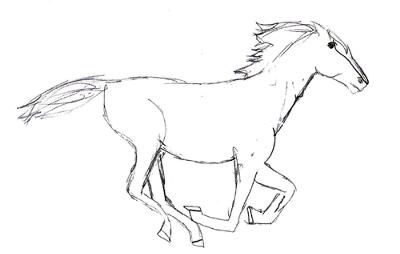 A black and white drawing of a horse galloping.