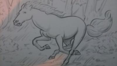 A pencil drawing of a horse galloping through the forrest.