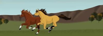 A computer drawing of a buckskin and chestnut horse racing. There is green grass on the ground and mountains and trees in the background. The chestnut horse is ahead of the other horse.
