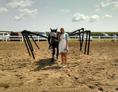 A girl dressed as Miss Muffet standing next to a horse dressed as a spider.