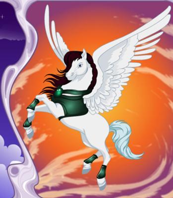 A white Pegasus rearing in the sky. The tail is white the mane is brown. The horse is wearing green accessories. The background is a mixture of white, orange, and purple swirling together.
