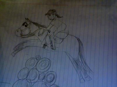 A pencil drawing of a girl jumping her horse over a stack of logs. The horse is wearing a saddle, bridle, saddle pad, girth, and leg protection. The rider has on a helmet and riding clothes.