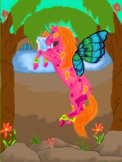 A pink unicorn with yellow paisley decorations, an orange mane and tail, and blue butterfly wings rearing between two palm trees in a tropical oasis. There is a waterfall in the background.
