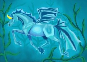 A digital drawing of a blue unicorn with wings swimming under water. The unicorn has fins for its wings, mane, and tail and webbed hooves. The unicorn is completely blue except the gold horn.