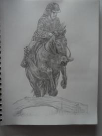 A pencil drawing of a horse and rider jumping a tree branch. The horse is wearing full tack and the rider is in riding attire and wearing a helmet.