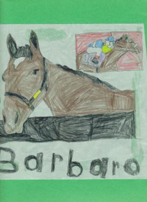 Two drawings of Barbaro the racehorse. The main drawing is Barbaro's head the other drawing is in the upper right hand corner and is of Barbaro racing. The word 'Barbaro' is at the bottom.