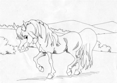 A pencil drawing of a cartoon looking horse walking in a field. There are mountains and shrubs in the background. There is also a shadow under the horse.