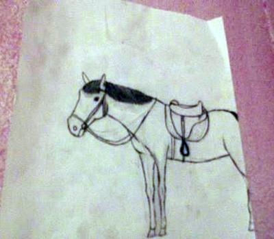 A drawing of a horse standing still. The horse is wearing a bridle, a saddle, and a saddle pad.
