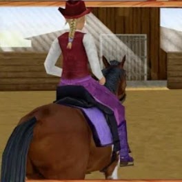A graphic from the game My Western Horse. It shows a bay paint horse and rider in an indoor arena. The rider is wearing western riding clothes and the horse is wearing western tack.