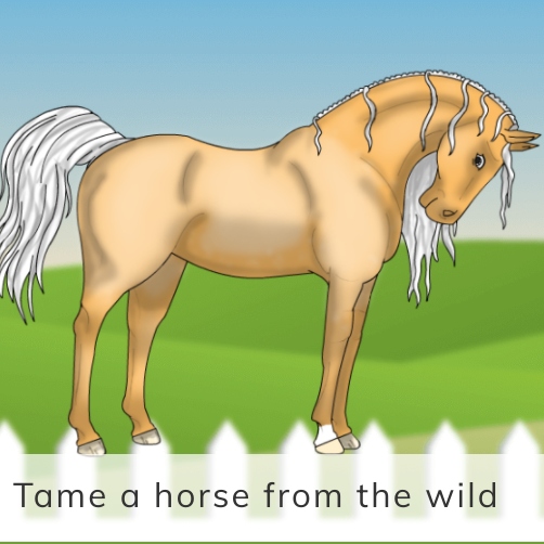 A graphic from the My Stable game. It shows a palomino horse standing in a field with a white fence in front of the horse. The text Tame a horse from the wild is at the bottom.