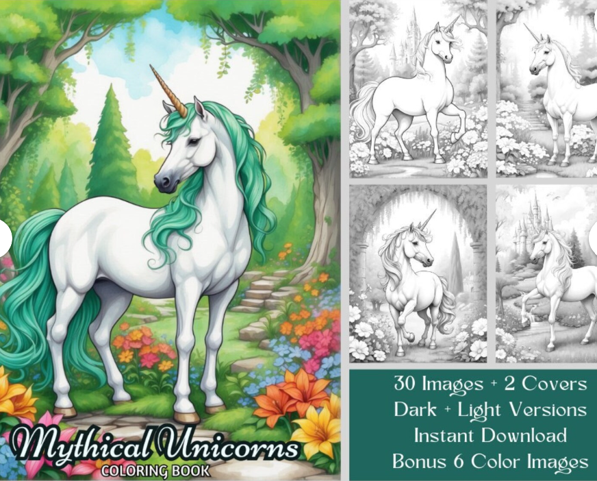 Mythical unicorns coloring book with gorgeous fantasy style illustrations