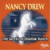 A graphic from the game Nancy Drew: The Secret of the Shadow Ranch. It is an orange square with a ghost horse rearing in the center and an image of a horse stable behind the horse.