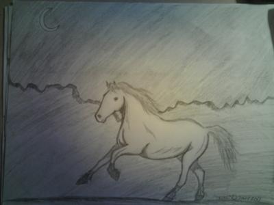 A pencil drawing of a horse galloping at night with the outline of a mountain range behind it.