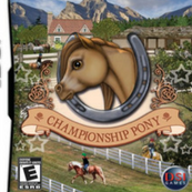 A graphic for the game Championship Pony. It shows a picture of a bay horse's head inside a horseshow with the name of the game Championship Pony below the image. The background is a horse farm.