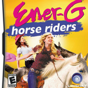 A graphic of the game Ener-G Horse Riders. It shows two horses and riders. The first horse is a white horse with a blond hair rider. Behind them is a black horse with a brown hair rider.