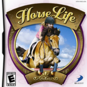 A graphic of the game Horse Life. It shows a buckskin horse and rider jumping through a circle. At the top of the circle is the name of the game Horse Life. Around the circle is a pink background.