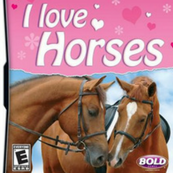A graphic of the game I Love Horses. It shows the name of the game in the top middle part on pink background. Below is an image of two horses on blue background.