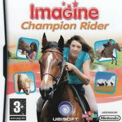 A graphic of the game Imagine Champion Rider. It shows the name of the game in the top middle part and an image of a girl riding her horse and more horse images in background.