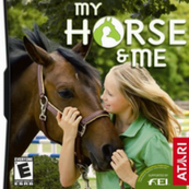 A graphic from the game My Horse & Me. It shows a a bay horse with a white star wearing a halter next to a girl with blond hair. The words My Horse & Me are in the upper right hand corner.