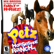 A graphic of the game Petz Horseshoe Ranch. It shows the name of the game in the lower middle part on a red ribbon. Below is an image of four different horses.