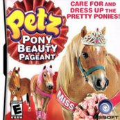 A graphic of the game Petz Pony Beauty Pageant. It shows the name of the game Petz Pony Beauty Pageant in the upper left corner. Below are images of three chestnut horses.