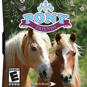 A graphic of the game Pony Friends. It shows the name of the game in the top middle part. Below is an image of two horses.