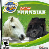 A graphic of the game Pony Paradise. The discovery kids logo is in the upper left corner and the name of the game is near the top centered. Near the bottom is a white pony and a black pony.