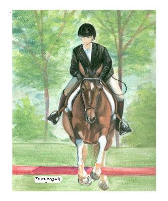 A painting/drawing of a horse and rider jumping a jump. The horse is a paint and the rider is in show clothes.