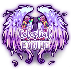 A graphic from the game Celestial Equine. It shows purple feathered wings with the words Celestial Equine in the center of the wings. There is also a golden horse shoe behind the words on the wings.