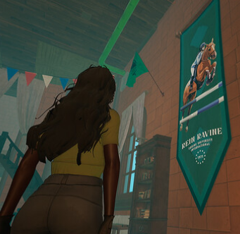 A graphic from the game Tales of Rein Ravine Game. It shows a girl looking up at the school banner with a horse and the name Rein Ravine on it.
