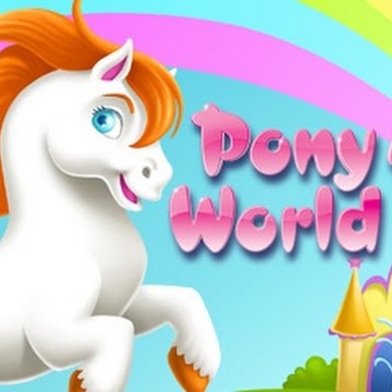 A graphic from the game Pony World 2. It shows a white pony with an orange mane rearing next to the text Pony World. There is a part of a tree and part of a castle in the background.