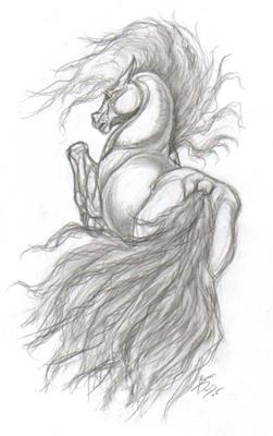 A pencil drawing of a horse prancing away from the observer. The horse's mane and tail are flowing towards the left.