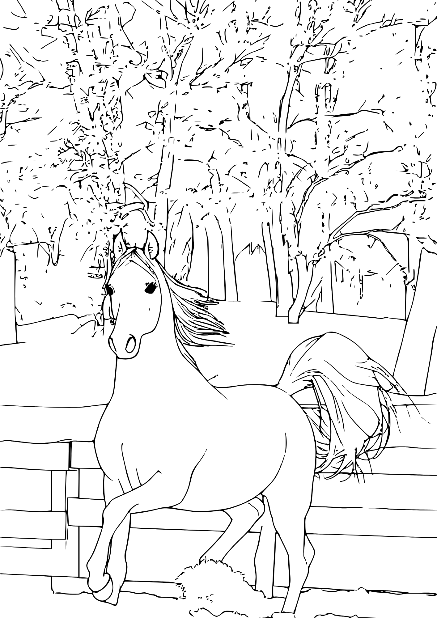 A horse coloring page of a horse trotting through the snow