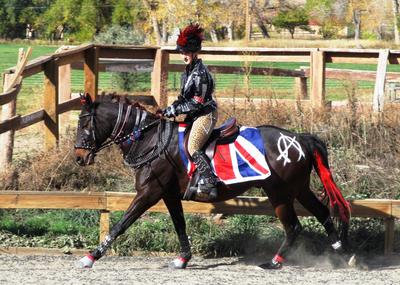 A horse with an England flag as a saddle pad and accessories such as tail extensions. The rider on the horse is wearing a punk rock costume.