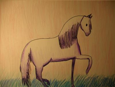 A pencil drawing of a horse doing a piaffe on green grass.