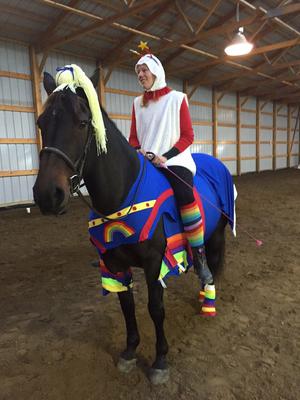 A horse dressed up in fabric with rainbows on it with someone dressed as a sprite riding the horse.