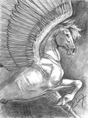 A pencil drawing of a Pegasus in the sky with its right front leg pulled up. You can't see the Pegasus' back legs or tail and the background is heavily shaded.
