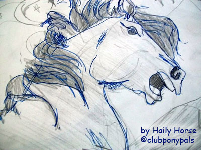 A pencil and blue pen drawing of a horse's head. The horse has a fierce expression and its mouth is slightly open. The words 'by Hailey Horse @ clubponypals' appears in the bottom right corner.