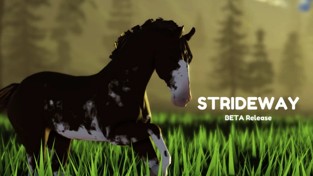 A stylized horse with a black and white coat stands in a grassy field, with a soft-focus forest in the background. The text "STRIDEWAY BETA Release" appears to the right of the horse.