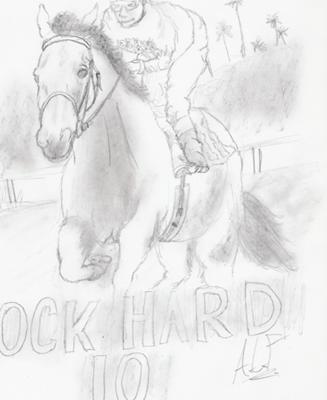 A pencil drawing of the racehorse Rock Hard Ten in a race. He is in full race gear with a jockey riding him the words 'Rock Hard Ten' are at the bottom of the page. There are palm trees in the back.