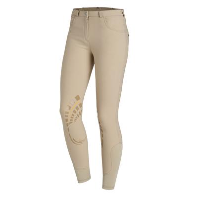 A pair of beige Schockemöhle Sport Breeches. The picture shows them from the front where you see a pair of pockets, the button, belt loops, and silicone grips on the knee patches.