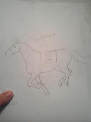 A pencil drawing of the racehorse Seabiscuit galloping in all his racing gear. The only thing missing is a rider, saddle, and a bridle.