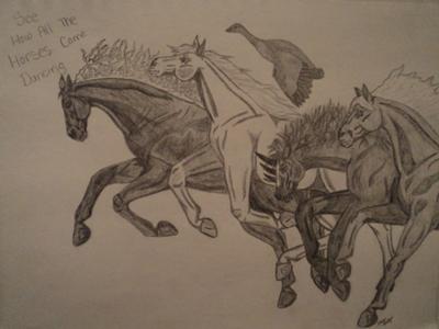 A pencil drawing of four horses galloping side by side as a goose flies above them. One horse is not shaded in all the others are. There is writing that can't be read in the top left corner.