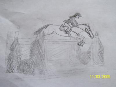 A pencil drawing of a horse and rider jumping a big jump with pine trees on the sides. Both horse and rider are appropriately attired for a show jumping competition.